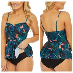 Nicole Miller Studio NWT $98 Green Floral Twist-Accent Peplum Tankini Set Size S